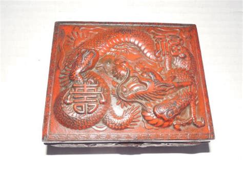 VINTAGE CHINESE RED DRAGON PATTERN METAL BOX 